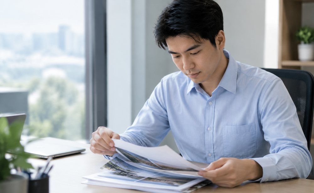 企业负责人在办公室查看市场推广资料
