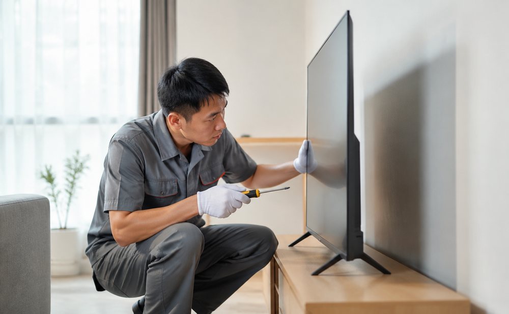 维修人员在客厅检查电视的工作场景