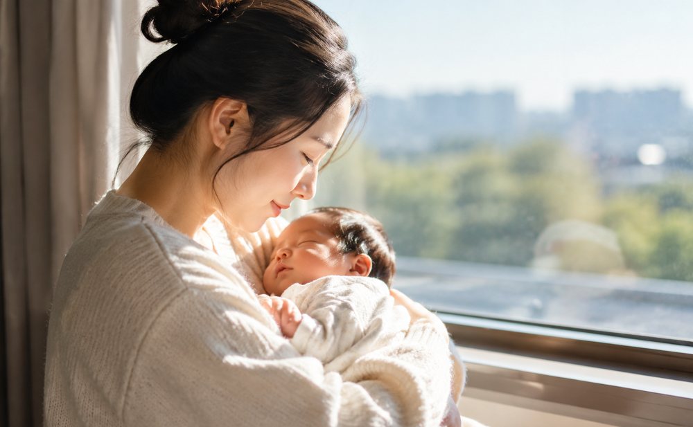 家长抱着新生儿在窗边晒太阳