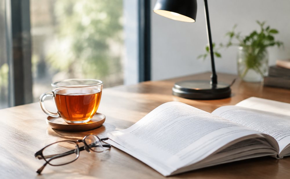 桌面上一杯茶与翻开的文件,旁边是台灯与一副眼镜