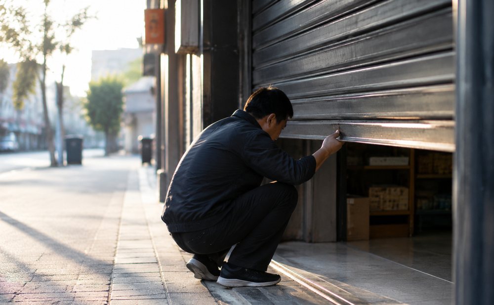 清晨店铺刚开门,一个人蹲着拉开卷帘门,街面安静