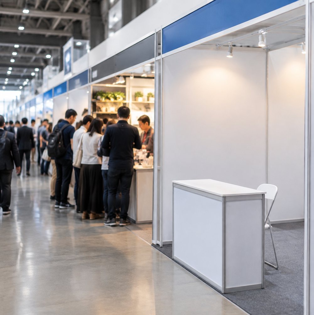 展会现场人流中一排展位,其中一个展位前空着